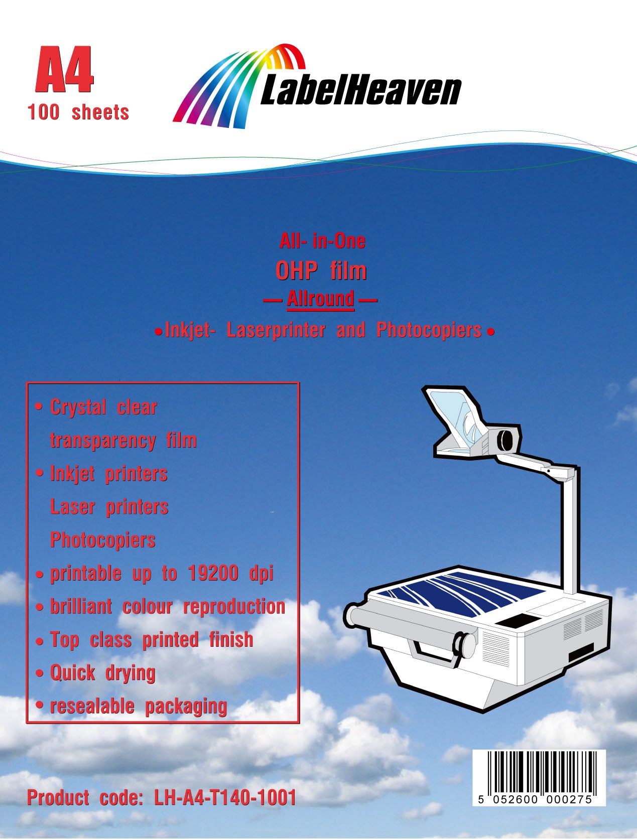 100 Blatt A4 Overheadfolien LH-A4-T140-1001 (OHP) Folie transparent-glasklar für Tintenstrahldrucker