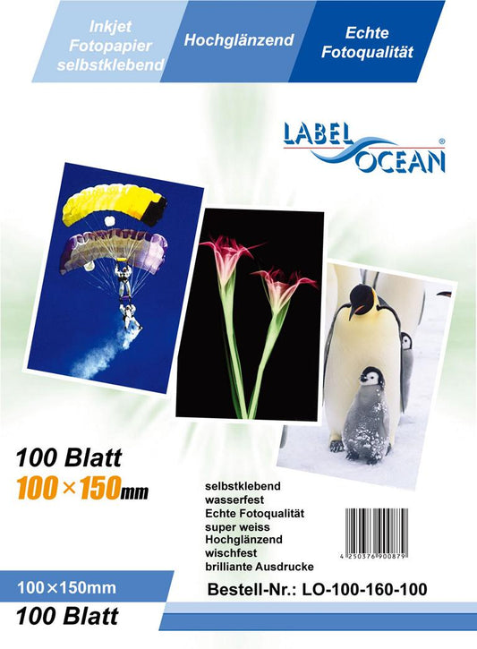 100 Bl. 10x15cm Fotopapier selbstklebend HighGlossy + wasserfest von LabelOcean