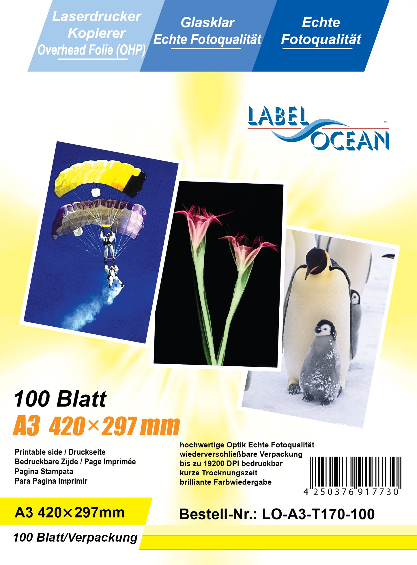 100 Blatt A3 Overheadfolien LO-A3-T170-100 (OHP) Folie transparent-glasklar für Farb-Laserdrucker und Farb-Kopierer