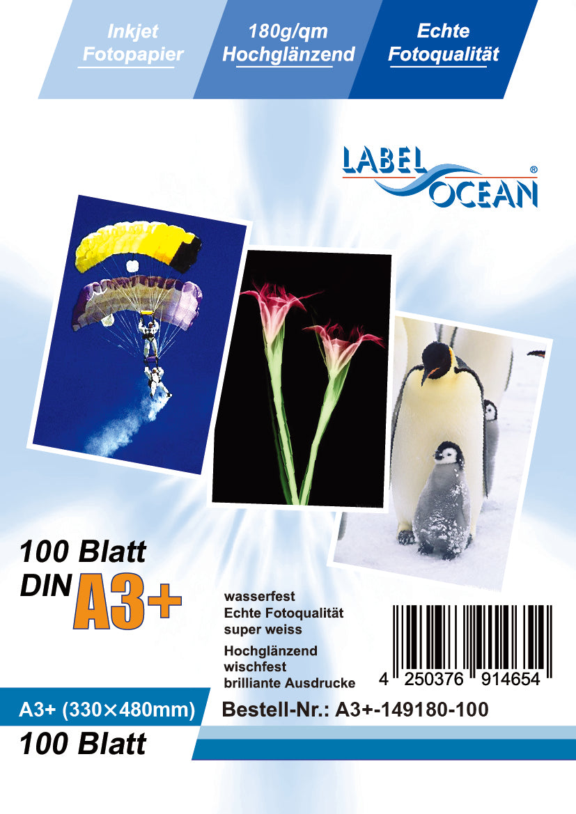 100 Blatt A3plus  180g/m² Fotopapier HGlossy+wasserfest von LabelOcean
