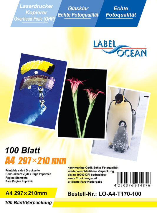 100-1000 Blatt A4 Overheadfolien LO-A4-T170-100 (OHP) Folie transparent-glasklar für Farb-Laserdrucker und Farb-Kopierer