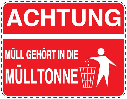 Mülltonnenaufkleber "Achtung Müll gehört in die Mülltonne" rot, horizontal LO-LITTER-H-10000-14