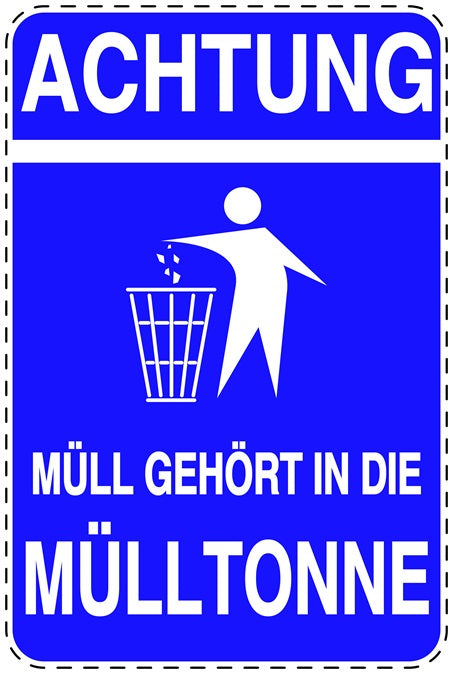 Mülltonnenaufkleber "Achtung Müll gehört in die Mülltonne" blau, vertikal LO-LITTER-V-10000-44