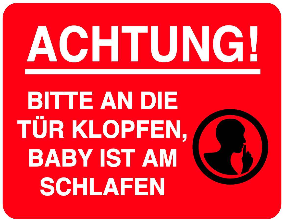 Ruhezone Aufkleber "ACHTUNG! BITTE AN DIE TÜR KLOPFEN, BABY IST AM SCHLAFEN" 20-60cm LO-QUIETZONE-H-10800-14